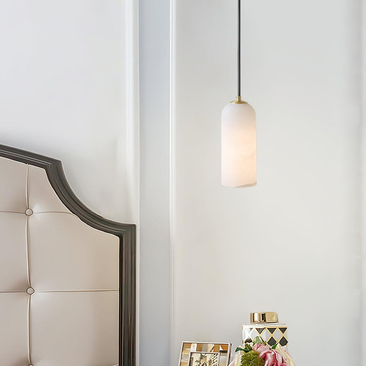 Alabaster Stone Hanging Lamp 10 in Tall White Shade Brass Accent Minimal Pendant for Islands Dining Tables Bedrooms Entryways