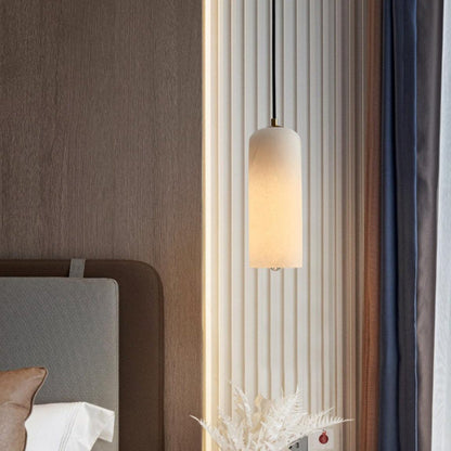 Alabaster Stone Hanging Lamp 10 in Tall White Shade Brass Accent Minimal Pendant for Islands Dining Tables Bedrooms Entryways