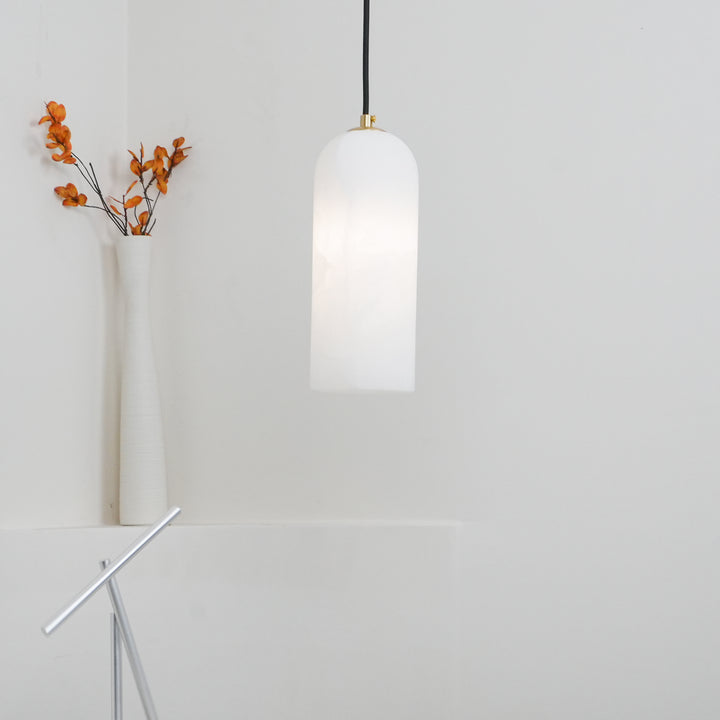 Alabaster Stone Hanging Lamp 10 in Tall White Shade Brass Accent Minimal Pendant for Islands Dining Tables Bedrooms Entryways