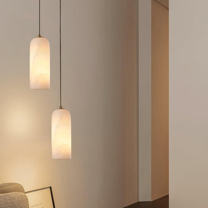 Alabaster Stone Hanging Lamp 10 in Tall White Shade Brass Accent Minimal Pendant for Islands Dining Tables Bedrooms Entryways