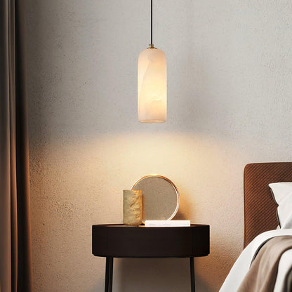 Alabaster Stone Hanging Lamp 10 in Tall White Shade Brass Accent Minimal Pendant for Islands Dining Tables Bedrooms Entryways