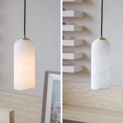 Alabaster Stone Hanging Lamp 10 in Tall White Shade Brass Accent Minimal Pendant for Islands Dining Tables Bedrooms Entryways