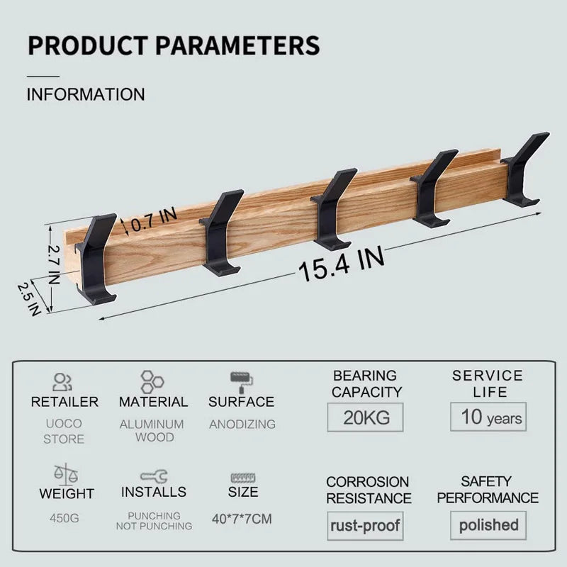 Wall-Mounted Coat Rack with Swivel Hooks | Natural Wood & Aluminum | 5 Movable Pegs for Entryway Bedroom Office | Scandinavian Style