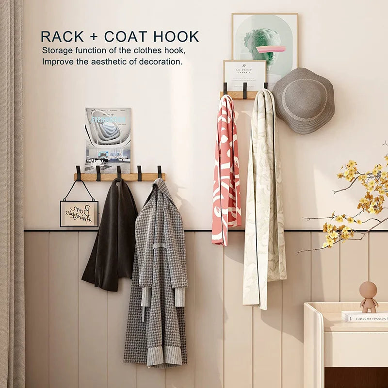 Wall-Mounted Hook Rail with 5 Sliding Double Pegs | Natural Wood & Black Aluminum Entryway Organizer for Coats, Hats, Bags | Scandinavian