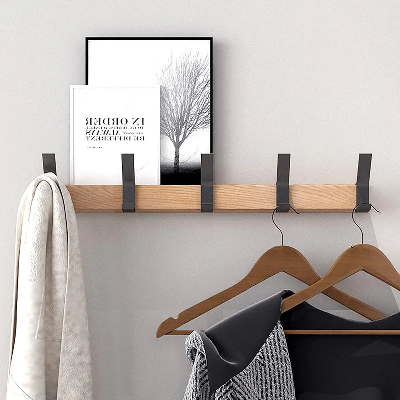 Wall-Mounted Coat Rack with Swivel Hooks - Rubberwood & Aluminum Entryway Organizer, 5-Hook Scandinavian Style Hanging Rail for Coats