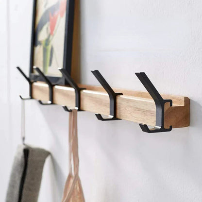 Wall-Mounted Coat Rack with Swivel Hooks - Rubberwood & Aluminum Entryway Organizer, 5-Hook Scandinavian Style Hanging Rail for Coats
