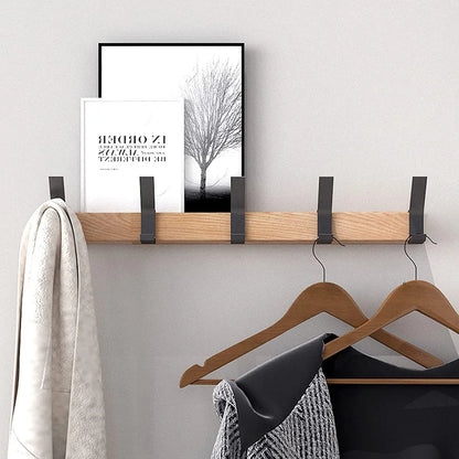 Wall-Mounted Hook Rail with 5 Sliding Double Pegs | Natural Wood & Black Aluminum Entryway Organizer for Coats, Hats, Bags | Scandinavian