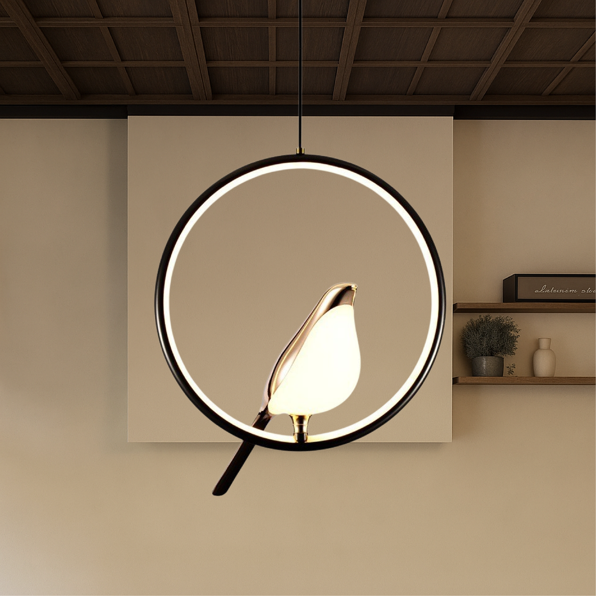 Metal Hanging Light Fixture with Bird Sculpture 11 in Diameter Adjustable Cord 3000K LED for Bedside Dining Nook Living Space Contemporary H