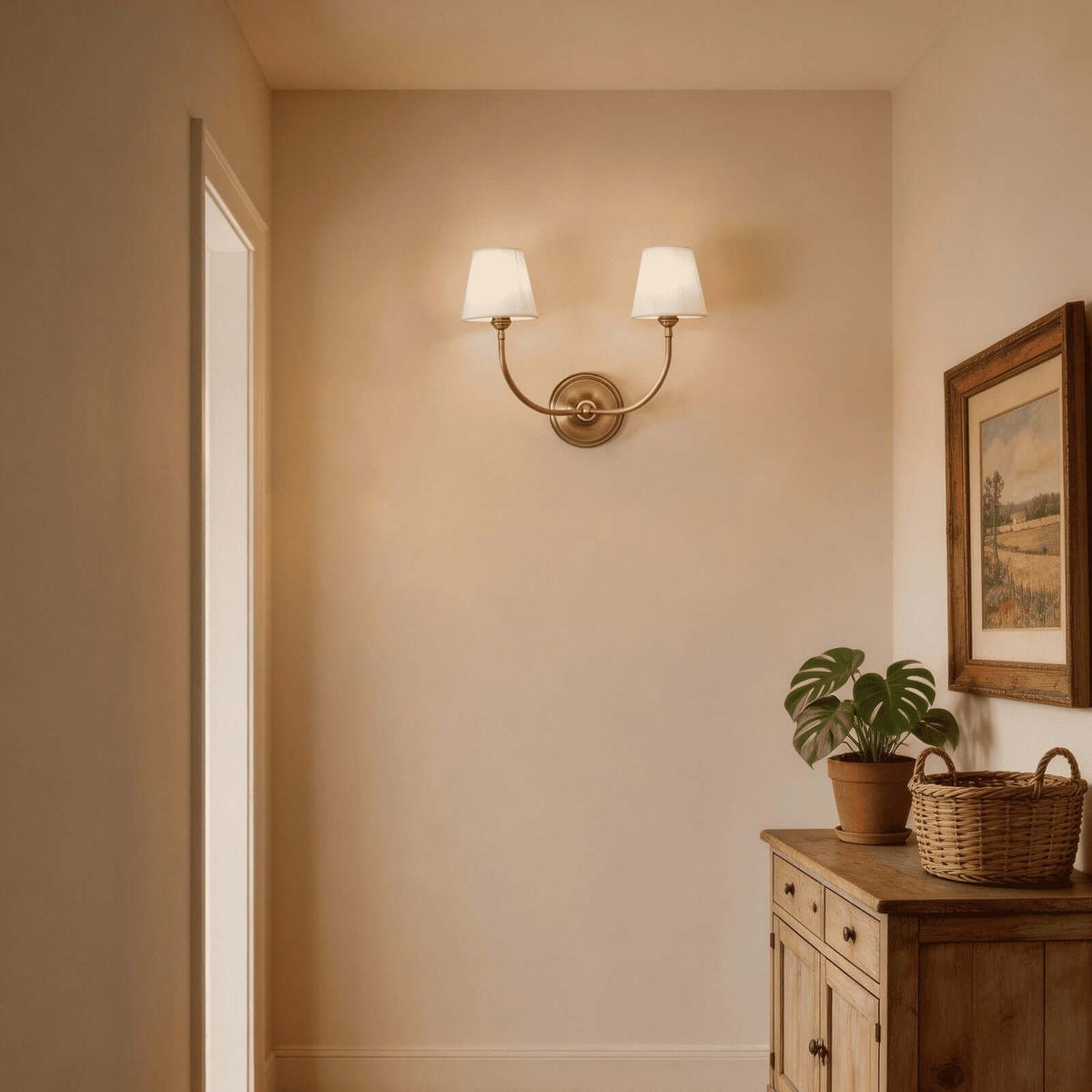 Articulated Arm Wall Lamp with Fabric Shades for Bedroom Reading Nook Hallway Accent Task Lighting Adjustable Sconce Fixture Metal Brass Fin