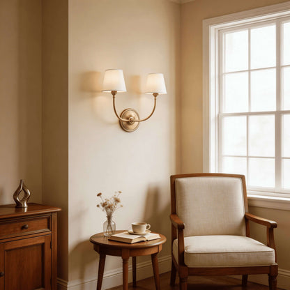Articulated Arm Wall Lamp with Fabric Shades for Bedroom Reading Nook Hallway Accent Task Lighting Adjustable Sconce Fixture Metal Brass Fin