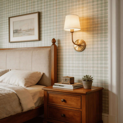 Articulated Arm Wall Lamp with Fabric Shades for Bedroom Reading Nook Hallway Accent Task Lighting Adjustable Sconce Fixture Metal Brass Fin