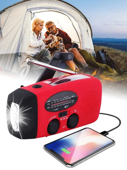 Solar Hand Crank Emergency Radio with LED Flashlight & USB Power Bank for Camping Weather Alerts Outdoor Survival