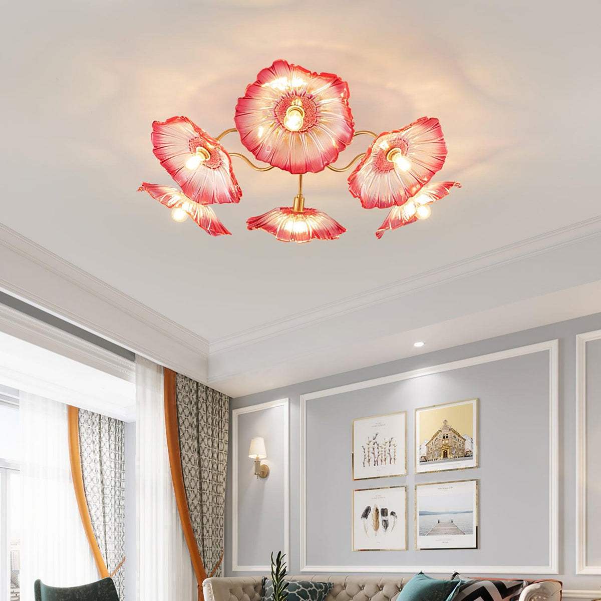 Frosted Glass Floral Flush Mount Ceiling Fixture 3-6 Light Semi-Flush Fixture for Bedroom Living Room Dining Room | Modern Decorative Overhe