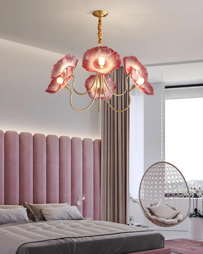 Frosted Glass Floral Pendant Light 35 in Multi-Arm Hanging Fixture Clear Pink Gold Overhead Illumination Dining Living Foyer Entry Modern In