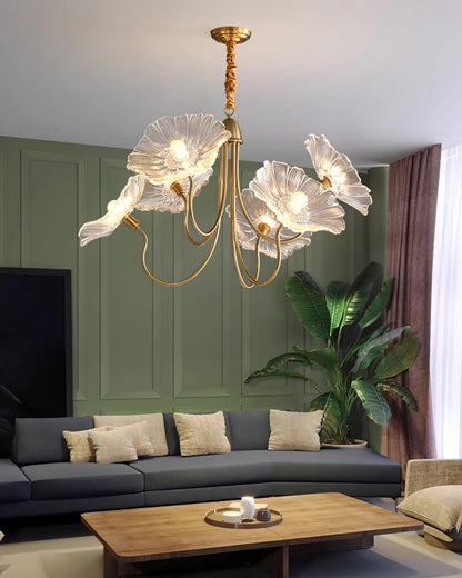 Frosted Glass Floral Pendant Light 35 in Multi-Arm Hanging Fixture Clear Pink Gold Overhead Illumination Dining Living Foyer Entry Modern In
