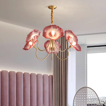 Frosted Glass Floral Pendant Light 35 in Multi-Arm Hanging Fixture Clear Pink Gold Overhead Illumination Dining Living Foyer Entry Modern In