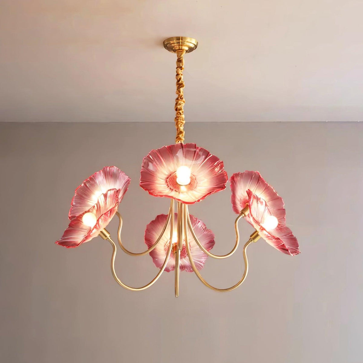 Frosted Glass Floral Pendant Light 35 in Multi-Arm Hanging Fixture Clear Pink Gold Overhead Illumination Dining Living Foyer Entry Modern In