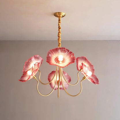 Frosted Glass Floral Pendant Light 35 in Multi-Arm Hanging Fixture Clear Pink Gold Overhead Illumination Dining Living Foyer Entry Modern In