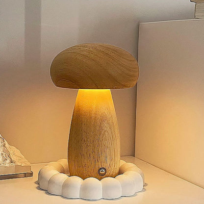 Mushroom Table Lamp - Wooden, USB-C Rechargeable LED Lights