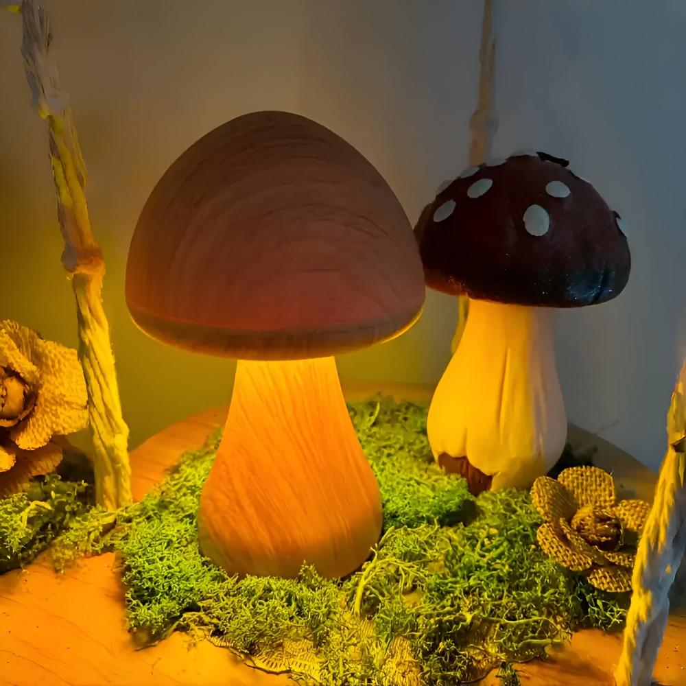 Mushroom Table Lamp - Wooden, USB-C Rechargeable LED Lights