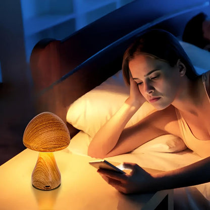 Mushroom Table Lamp - Wooden, USB-C Rechargeable LED Lights