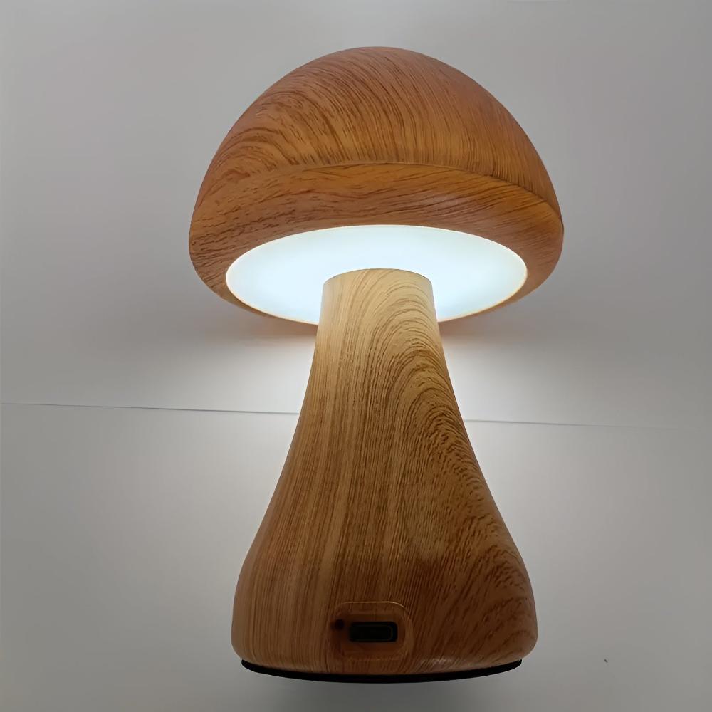 Mushroom Table Lamp - Wooden, USB-C Rechargeable LED Lights