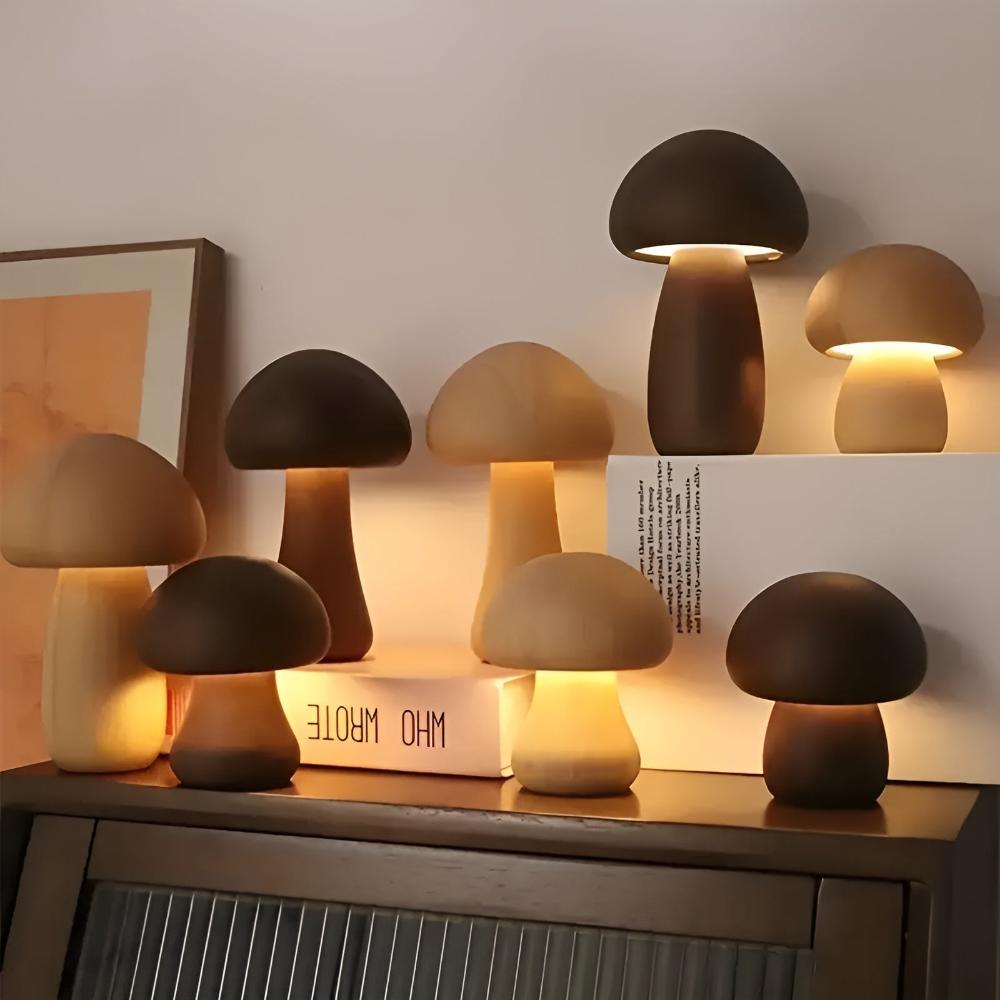 Mushroom Table Lamp - Wooden, USB-C Rechargeable LED Lights