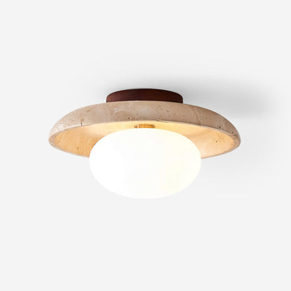 Compact Flush Mount Light Fixture with Natural Stone and Wood 10 in Round for Entryway Bedroom Low Profile Wall or Ceiling Installation