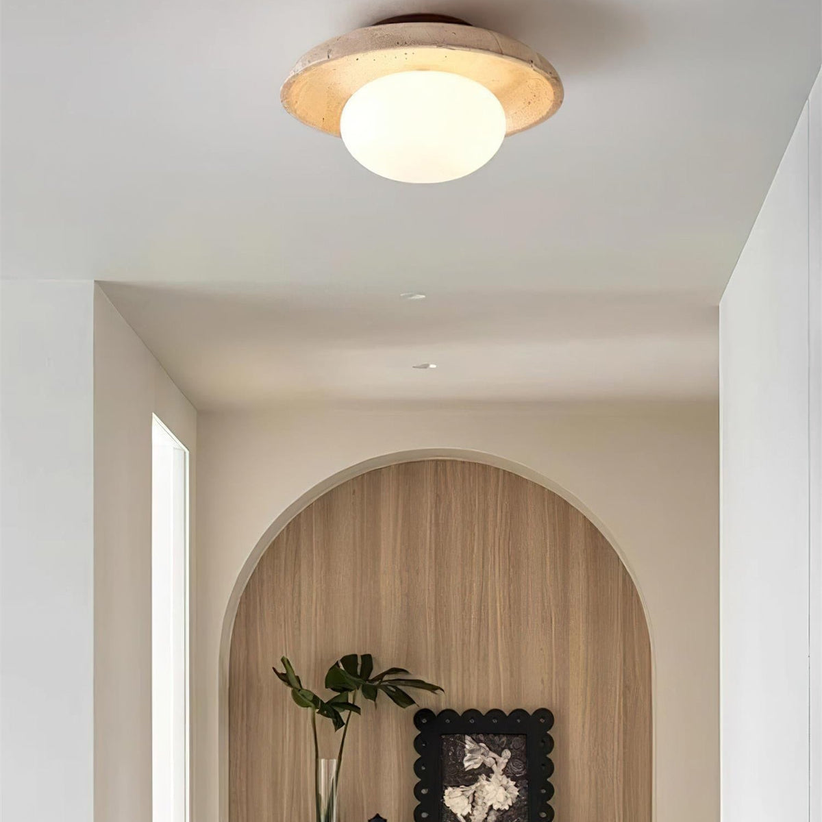 Compact Flush Mount Light Fixture with Natural Stone and Wood 10 in Round for Entryway Bedroom Low Profile Wall or Ceiling Installation