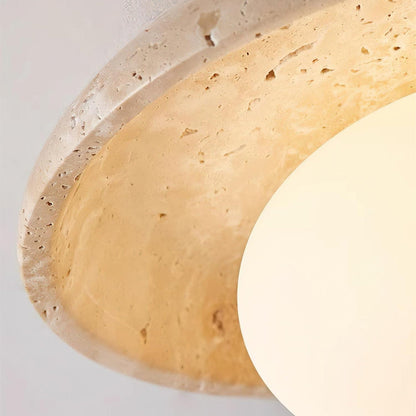 Compact Flush Mount Light Fixture with Natural Stone and Wood 10 in Round for Entryway Bedroom Low Profile Wall or Ceiling Installation
