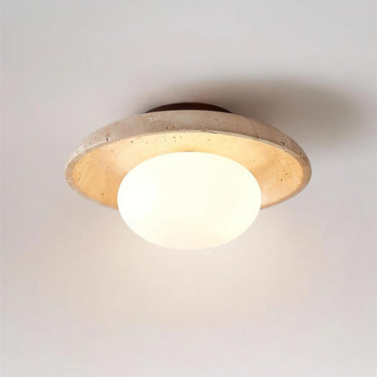 Compact Flush Mount Light Fixture with Natural Stone and Wood 10 in Round for Entryway Bedroom Low Profile Wall or Ceiling Installation