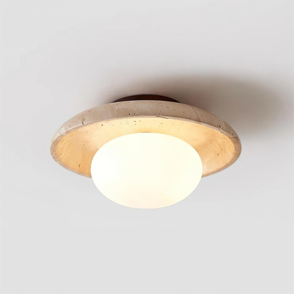 Compact Flush Mount Light Fixture with Natural Stone and Wood 10 in Round for Entryway Bedroom Low Profile Wall or Ceiling Installation