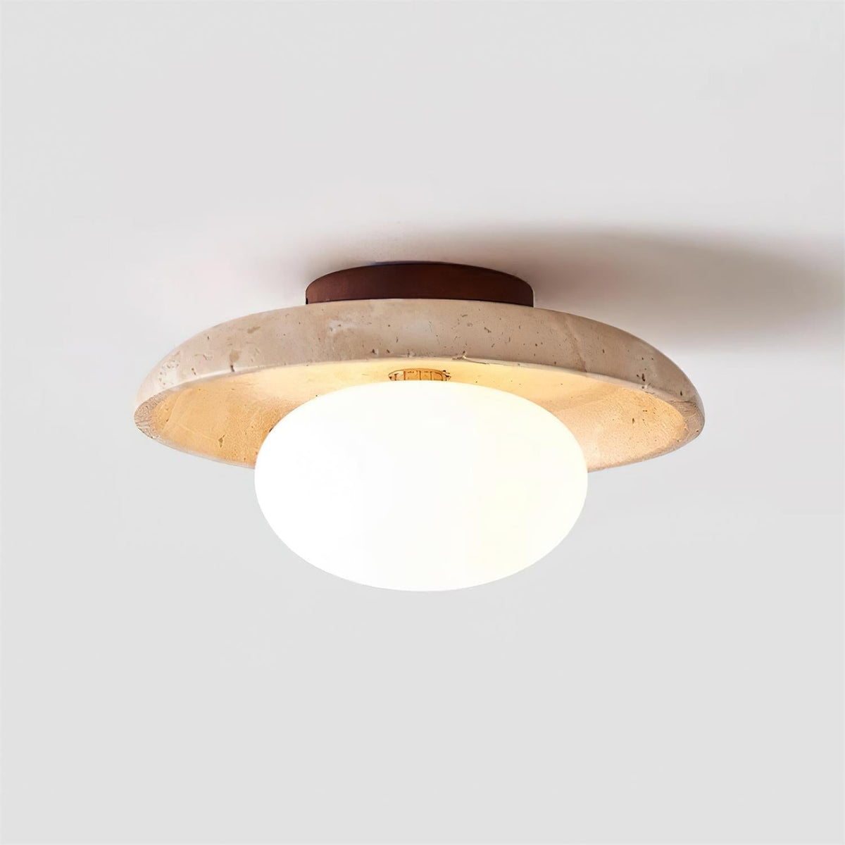 Compact Flush Mount Light Fixture with Natural Stone and Wood 10 in Round for Entryway Bedroom Low Profile Wall or Ceiling Installation
