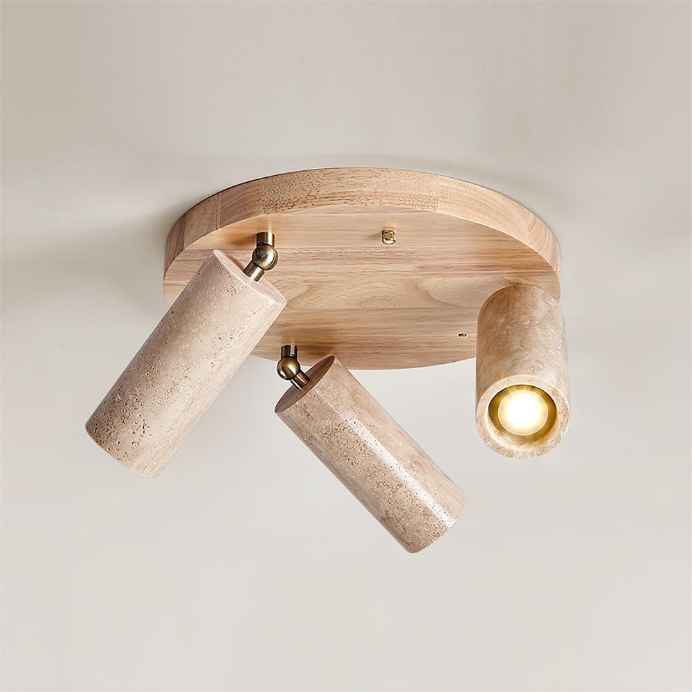Three-Head Track Light Wood Travertine Adjustable Spotlight Bar Directional Task Lighting Kitchen Island Hallway Counter Modern Stone Cylind