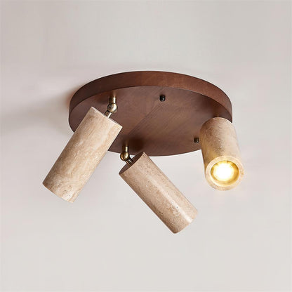 Triple-Head Swivel Spotlight with Natural Stone Cylinders & Wood Base – Directional Accent Light for Kitchens, Entryways & Living Areas