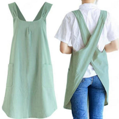 Cross-Back Cotton Apron Dress with Pockets for Kitchen, Garden & Crafts – Lightweight Linen-Blend Pinafore for Women, Adjustable Straps