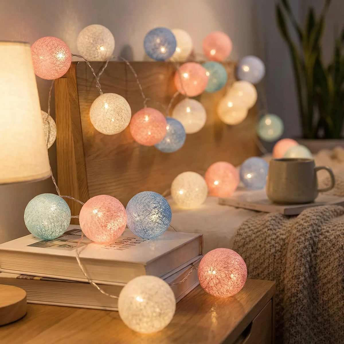 Cotton Ball String Lights with Soft Woven Globes for Bedroom, Living Room & Party Decor – USB or Battery Powered Fairy Lights