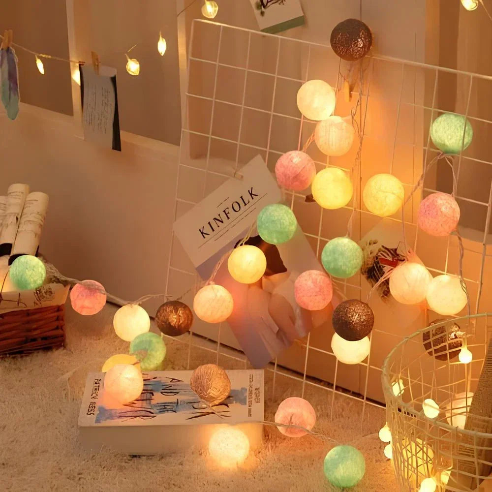 Cotton Ball String Lights with Soft Woven Globes for Bedroom, Living Room & Party Decor – USB or Battery Powered Fairy Lights