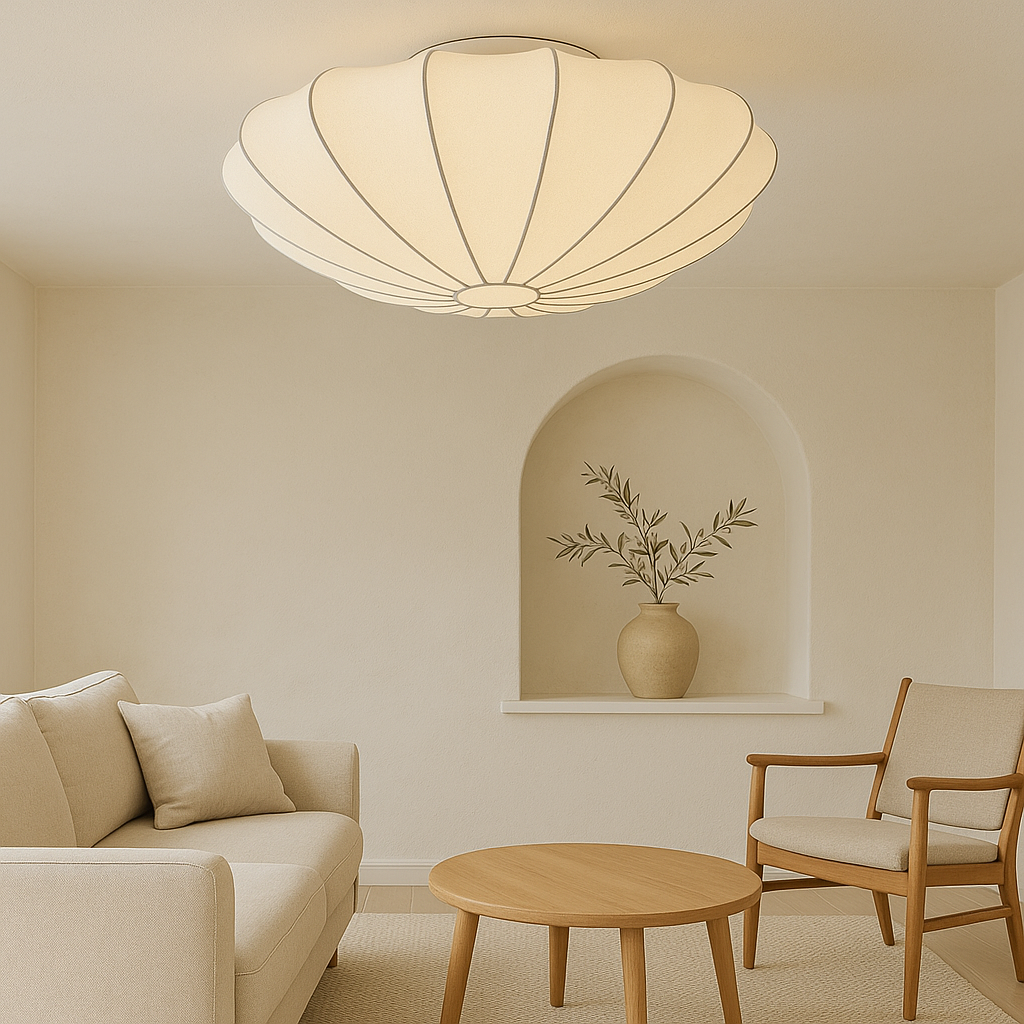 Flush Mount Round Light Fixture White Silk Shade 31.5 Inch Warm Glow for Bedrooms Living Rooms Modern Minimalist Home Overhead Lighting