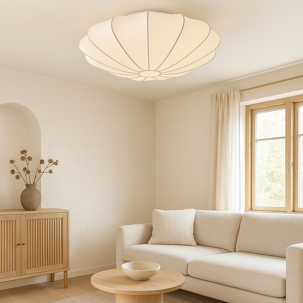 Flush Mount Round Light Fixture White Silk Shade 31.5 Inch Warm Glow for Bedrooms Living Rooms Modern Minimalist Home Overhead Lighting