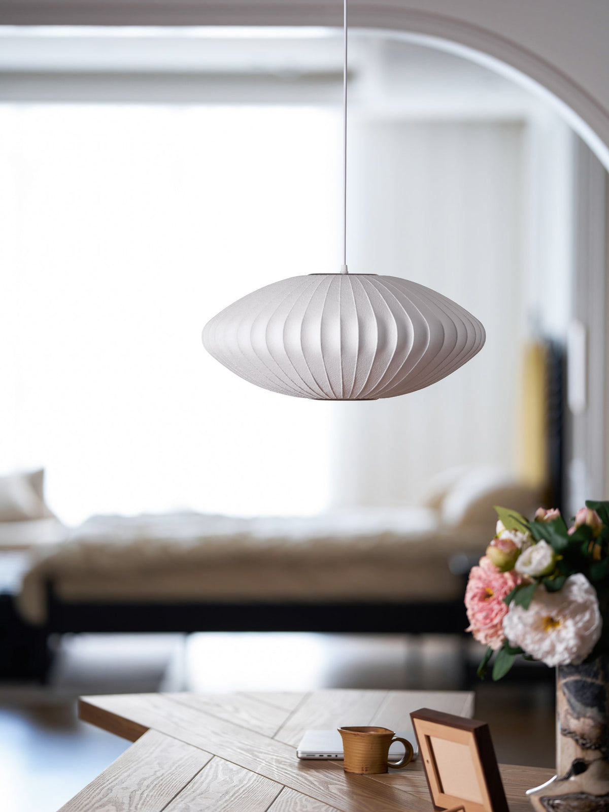 Steel Wire Silk Shade Ceiling Light 20 in White for Kitchen Island Dining Room Modern Pendant Lamp Hanging Fixture Adjustable Cord E26 Base