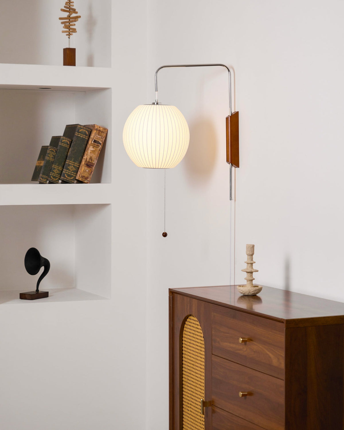 Swivel Sphere Wall Light with Adjustable Cord 15.7 in Walnut Chrome Finish Plug-In LED Sconce for Bedroom Office Living Room
