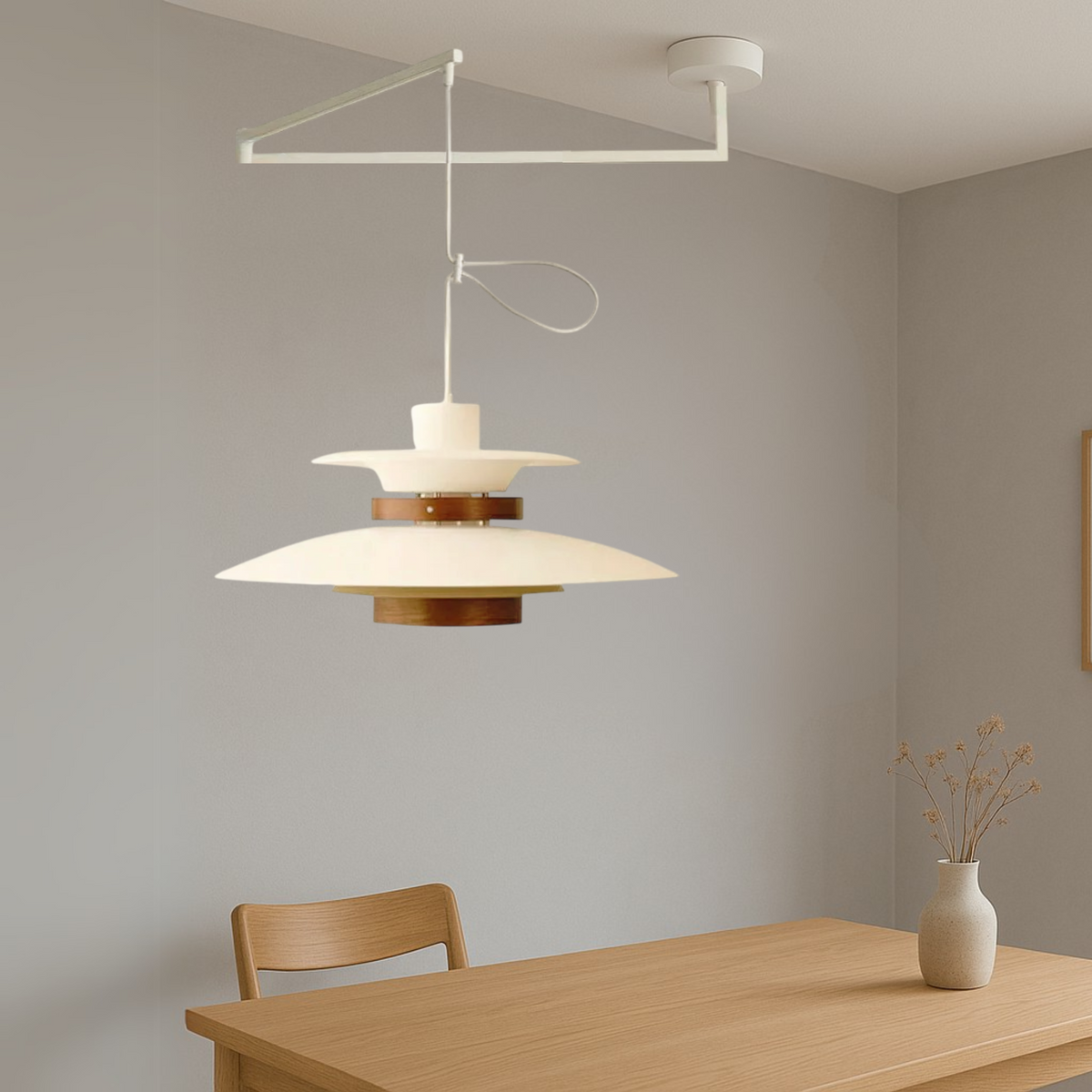 Hanging Ceiling Fixture with Wood and Metal Shade 20-Inch Diameter Adjustable Height for Kitchen Island Dining Room Living Space Modern Farm