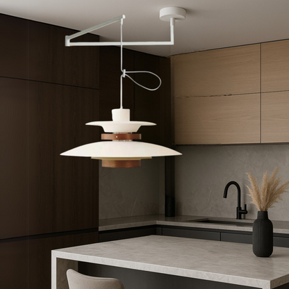 Hanging Ceiling Fixture with Wood and Metal Shade 20-Inch Diameter Adjustable Height for Kitchen Island Dining Room Living Space Modern Farm
