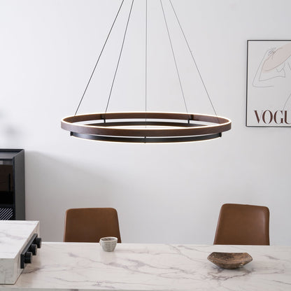 Suspended Dual-Halo LED Fixture for Dining Areas Wood-Grain Metal Ceiling Light Adjustable Height Contemporary Overhead Illumination for Kit
