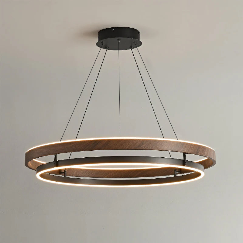 Suspended Dual-Halo LED Fixture for Dining Areas Wood-Grain Metal Ceiling Light Adjustable Height Contemporary Overhead Illumination for Kit
