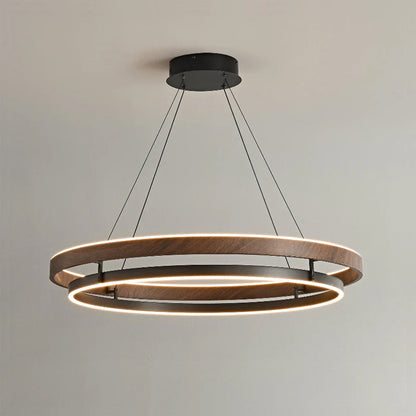 Suspended Dual-Halo LED Fixture for Dining Areas Wood-Grain Metal Ceiling Light Adjustable Height Contemporary Overhead Illumination for Kit