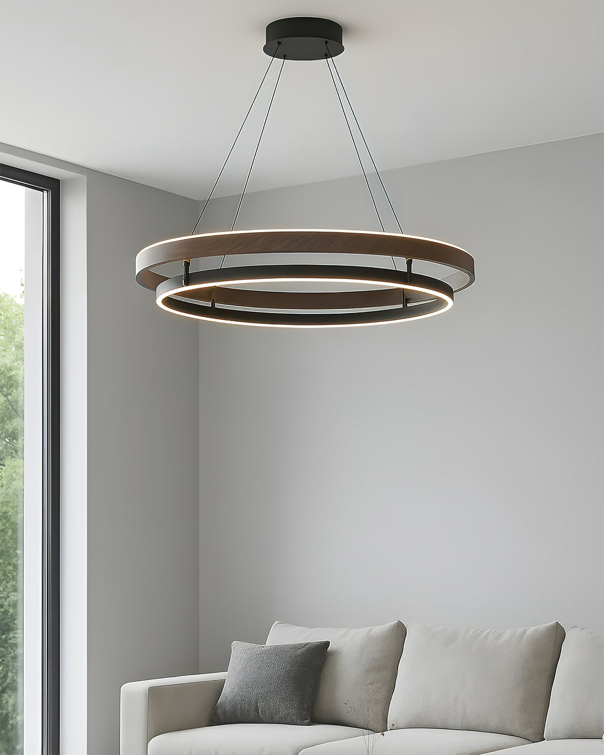 Suspended Dual-Halo LED Fixture for Dining Areas Wood-Grain Metal Ceiling Light Adjustable Height Contemporary Overhead Illumination for Kit