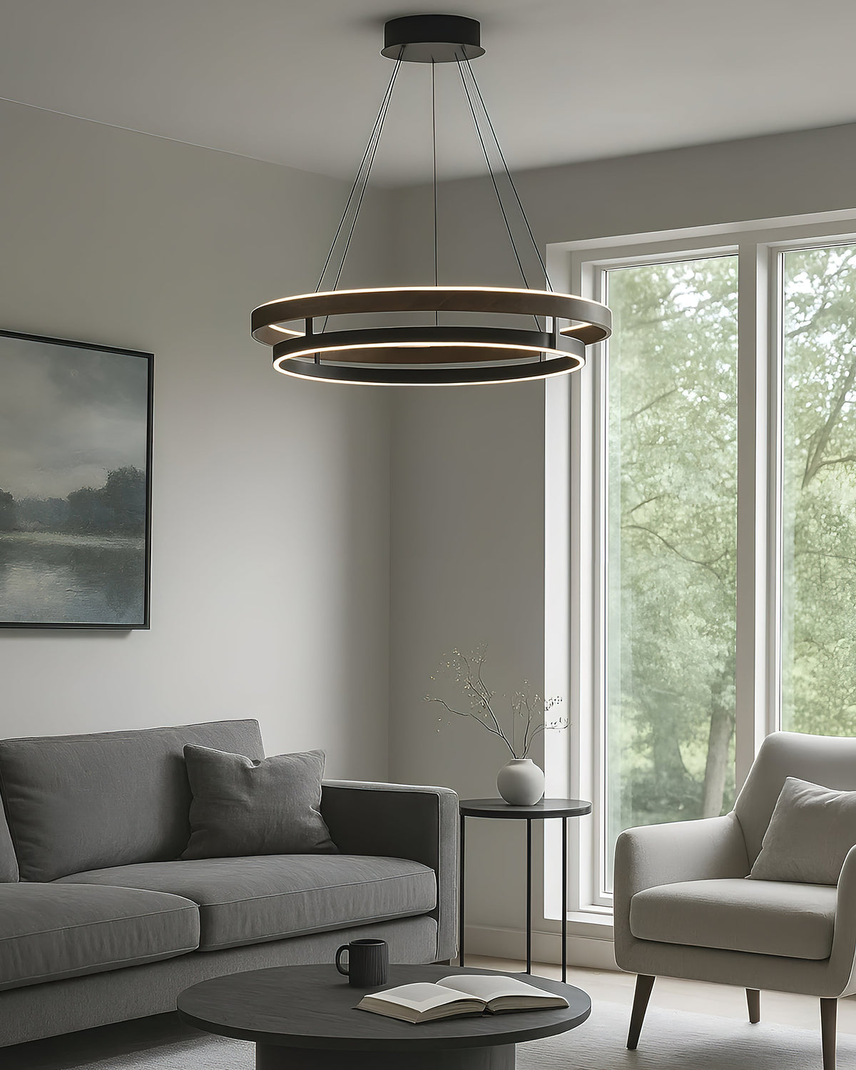 Suspended Dual-Halo LED Fixture for Dining Areas Wood-Grain Metal Ceiling Light Adjustable Height Contemporary Overhead Illumination for Kit