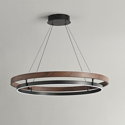 Suspended Dual-Halo LED Fixture for Dining Areas Wood-Grain Metal Ceiling Light Adjustable Height Contemporary Overhead Illumination for Kit